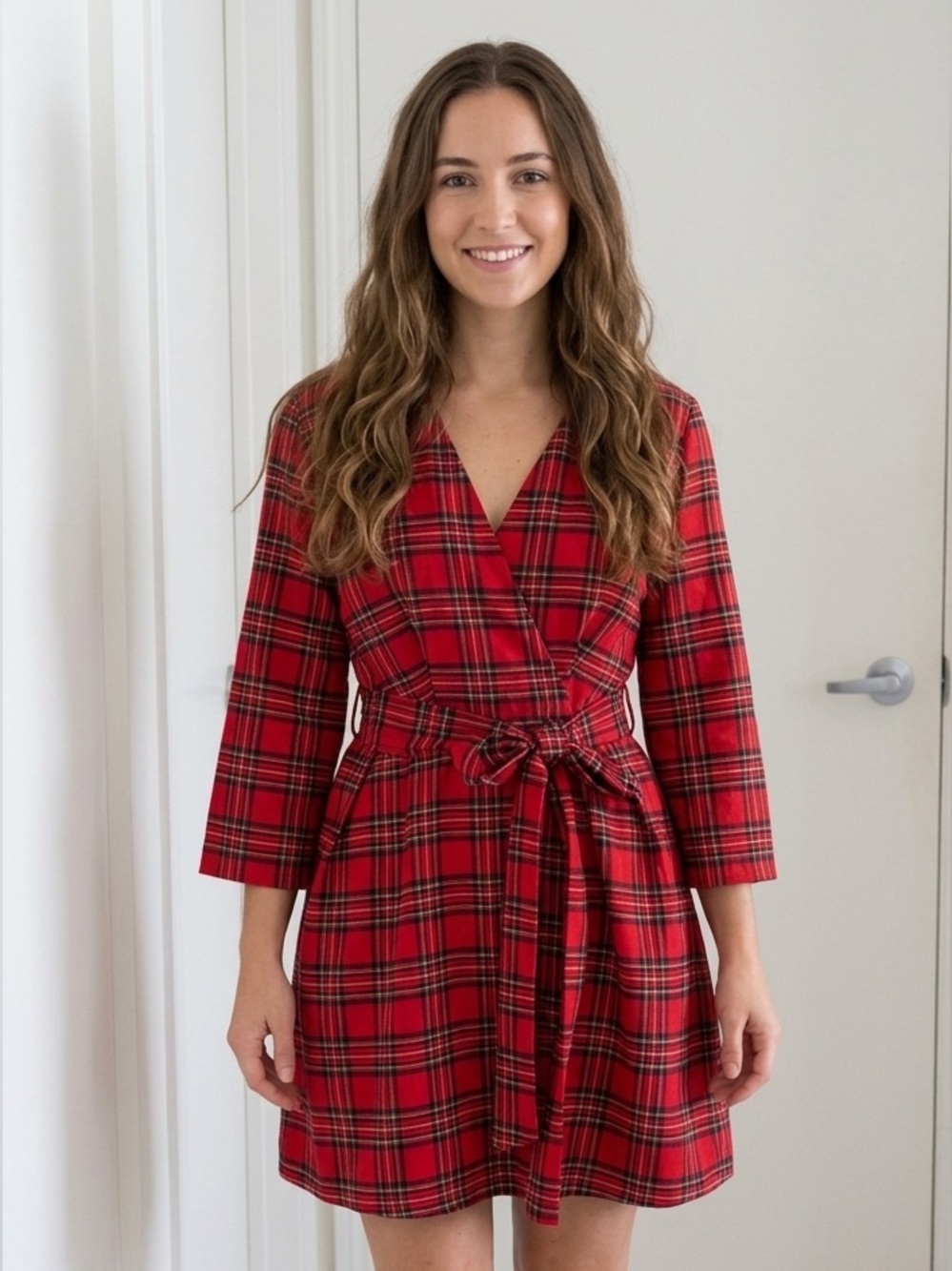 ZARA Red Plaid Dress Cotton V- neck cotton shirt Dress size medium